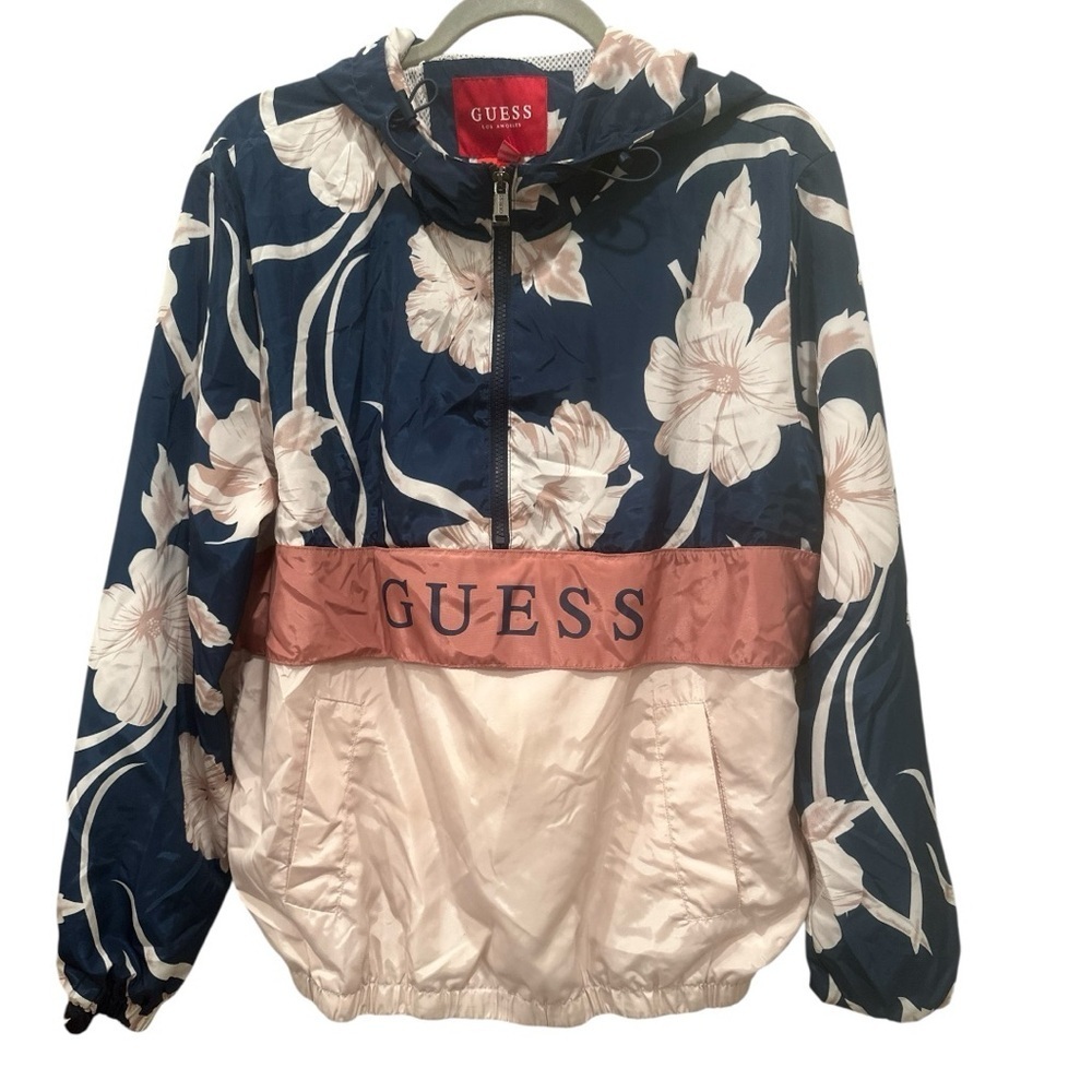 GUESS Women's Navy Pink Floral Bomber Jacket Wind Breaker Hooded  Pockets Sz M